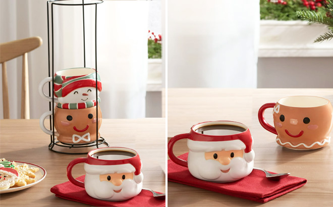 Holiday Characters Glazed Stoneware Ceramic Stacking Mug Set