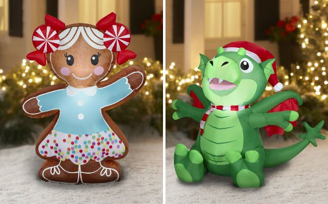 Holiday Time Christmas Inflatable Gingerbread Girl and Dragon