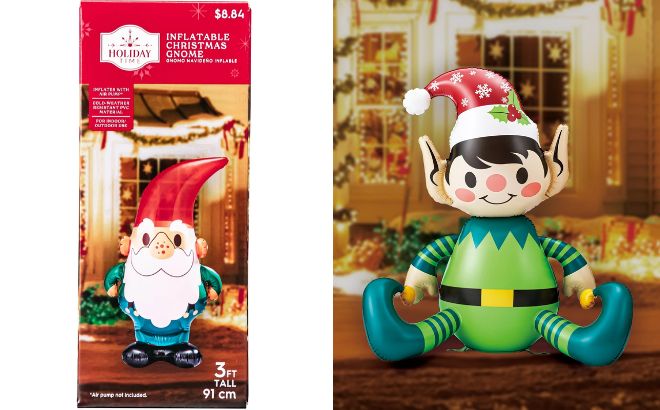 Holiday Time Inflatable Christmas Gnome and Christmas Green Elf