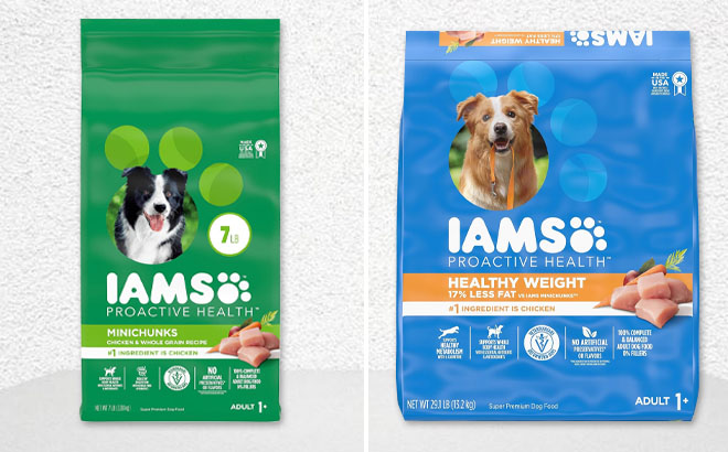 IAMS Adult Minichunks Small Kibble High Protein Dry Dog Food and IAMS Adult Healthy Weight Control Dry Dog Food