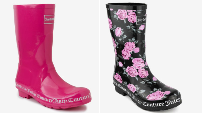 Juicy Couture Totally Rain Boot in Fuschia and Black Pink Floral Colors