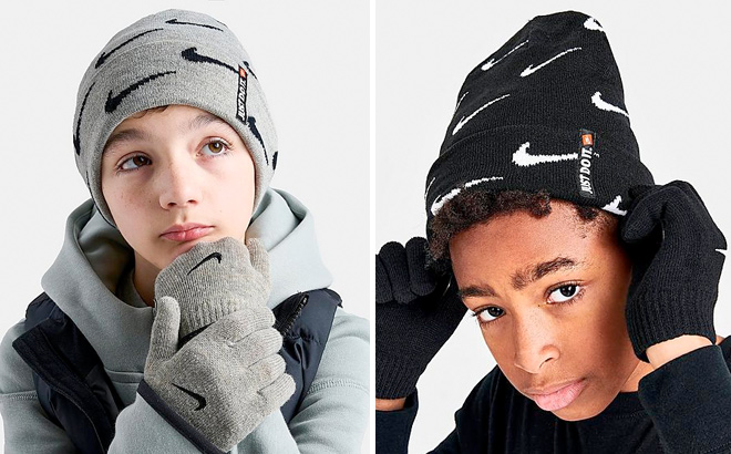 KIDS NIKE SWOOSH REPEAT ALLOVER PRINT BEANIE AND GLOVES SET