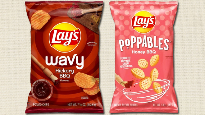 Lays Wavy Potato Chips 7 5 Oz Hickory Bbq on the left and Lays Poppables Flavored Potato Snacks 5 oz on the right 1