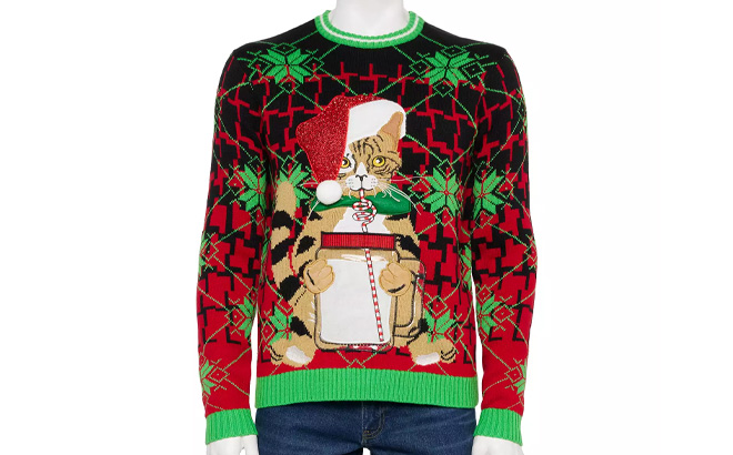 Licensed Character Mens Crewneck Whos Got Santas Milk Christmas Sweater on a Doll