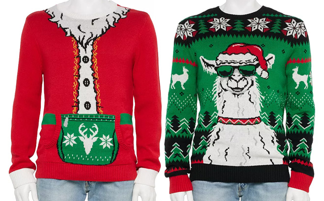 Licensed Character Mens Santa Suit Holiday Sweater and Mens Santa Llama Holiday Sweater