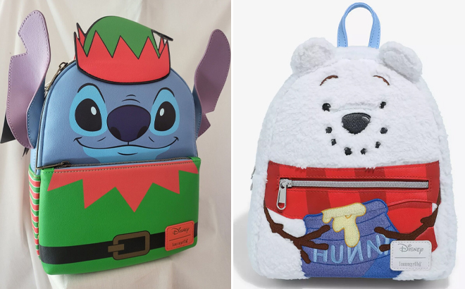 Loungefly Disney Lilo Stitch Elf Stitch Mini Backpack and Winnie the Pooh Snowman Mini Backpack