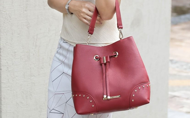 MKF Callie Bucket Handbag with Matching Wallet in Wine Color