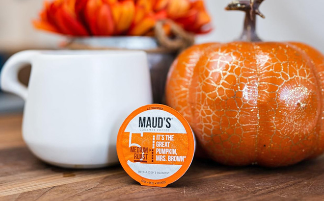 Mauds Decaf Pumpkin Spice Pod on a Table