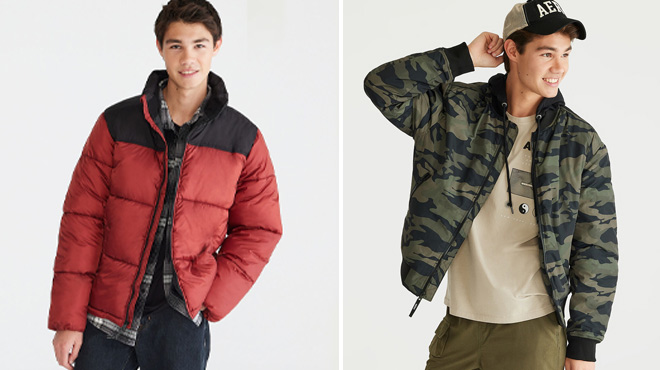 Men Wearing Heavyweight Puffer Jacket on the Left and Hooded Bomber Jacket on the Right