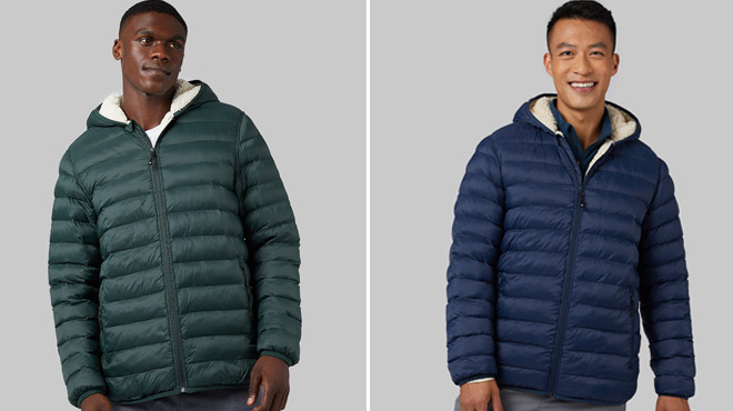 Men wearing 32 Degrees Mens Hooded Sherpa Lined Jacket in Earth and Outerspace Colors