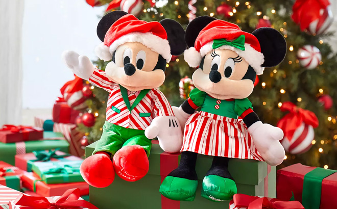 Mickey Mouse and Minnie Mouse Holiday Plushies on Gift Box