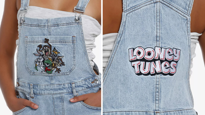 Model Wearing Hot Topic Looney Tunes Embroidered Girls Overalls