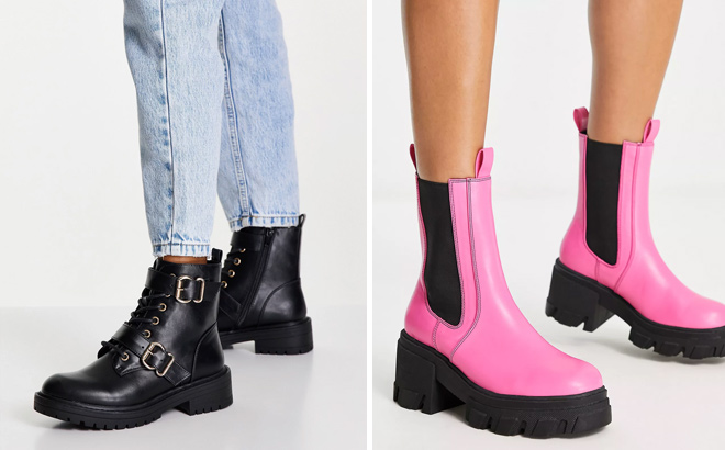 New Look buckle detail lace up flat boot in black and Daisy Street slit sole chunky ankle boots in hot pink