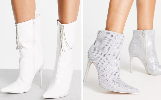 Public Desire Quince high ankle boots with embellished front in white patent and Public Desire Verona ruched rhinestone heeled ankle boots in silver