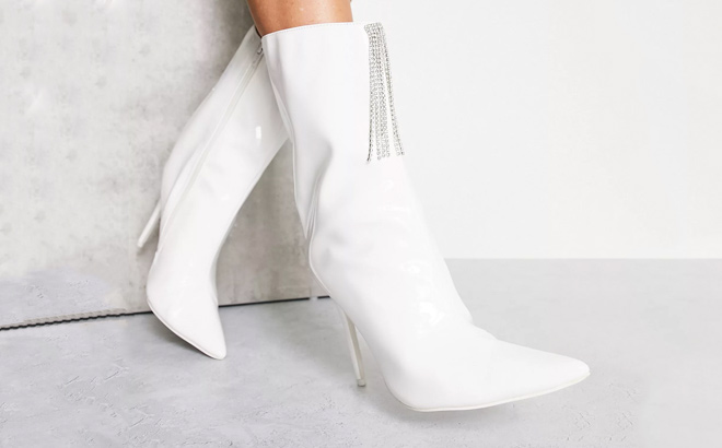 Public Desire Quince high ankle boots with embellished front in white patent