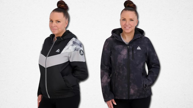 Reebok Womens Hooded Softshell Jacket on the left and Reebok Womens Graphic Hoodie on the right