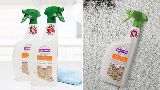 Rejuvenate Green Natural Stain Removers 2 Pack on the Left on the Carpet on the Right