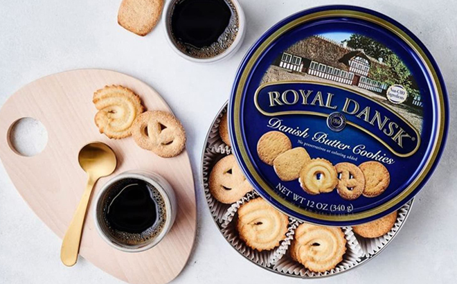 Royal Dansk Danish Cookies on the table with coffee