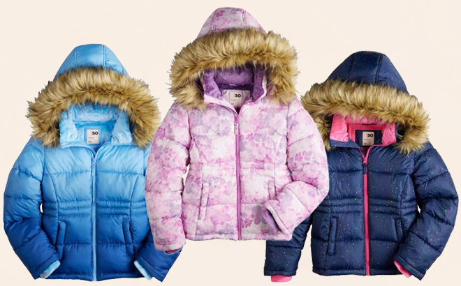 SO Kids Hooded Puffer Jackets in Three Colors