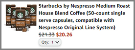 Screenshot of Starbucks by Nespresso 50 Count Medium Roast Low Price at Amazon Checkout