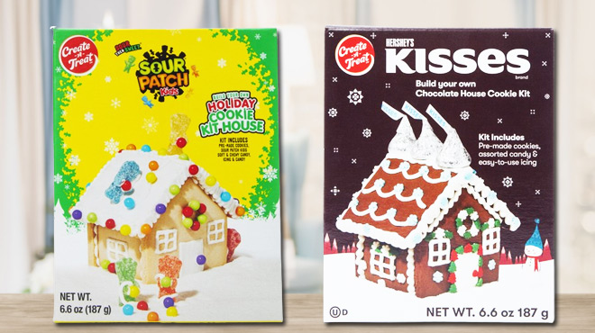 Sour Patch Kids Holiday Cookie House Kit on the left and Hersheys Kisses Chocolate House Cookie Kit on the right