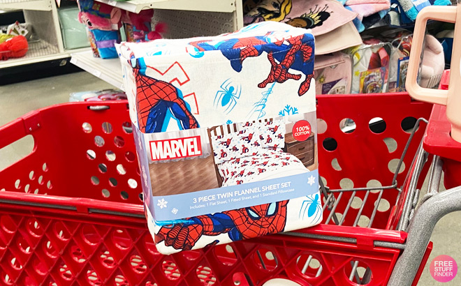 Spider Man Snow Shooter Flannel Kids Sheet Set on a Cart
