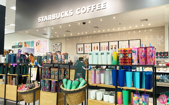 Starbuck Store Overview with Assorted Tumblers on the Shelves