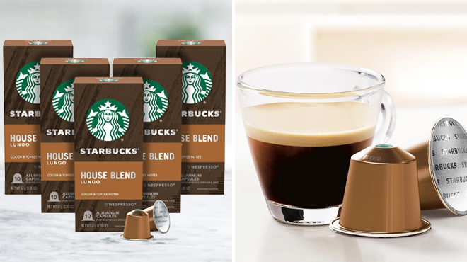 Starbucks by Nespresso Medium Roast Coffee 50 Count on the Left and a Cup of Coffee on the Right