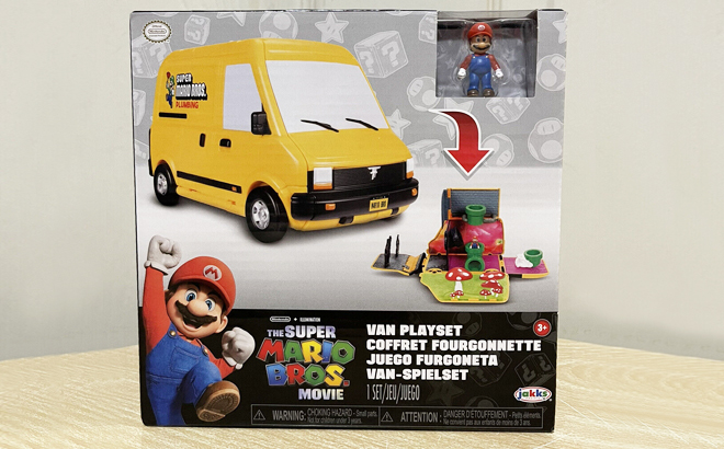 Super Mario Bros Movie Yellow Van Playset Box on the table