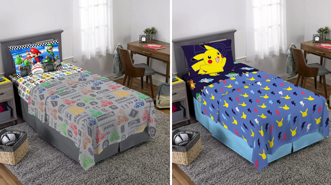 Super Mario Sheet Set on a Bed on the Left Pokemon Set on the Right