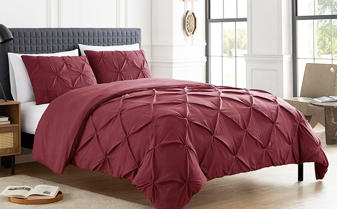 Sweet Home Collection 3 Piece Duvet Pintuck Pinch Pleat in Burgundy