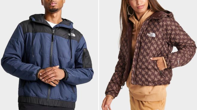 The North Face Mens Bomber Highrail Jacket and Womens Hydrenalite High Shine Puffer Jacket