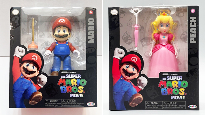 The Super Mario Bros Movie 5 inch Mario Figure with Plunger Accessory and Super Mario Movie 5 inch Princess Peach Action Figure with Umbrella Accessory