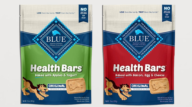 Two Bags of Blue Buffalo Health Bars Dog Treats on a Gray Background