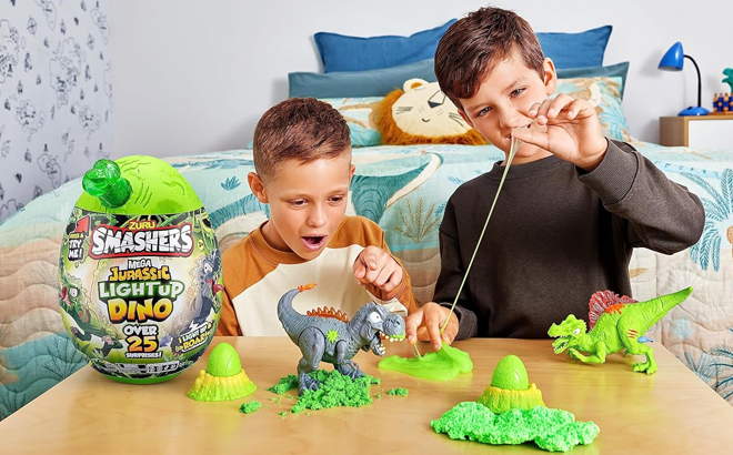 Two Kids PLaying with Zuru Smashers Mega Jurassic Light Up Dino Egg Toy