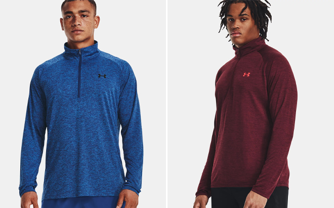 Two Men Wearing Under Armour Mens UA Tech Half Zip Long Sleeve Shirts