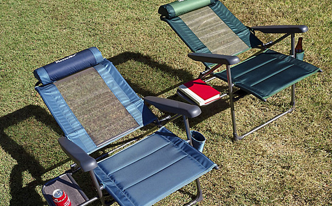 Two Moosejaw Slounger Reclining Camp Chair in Blue and Green