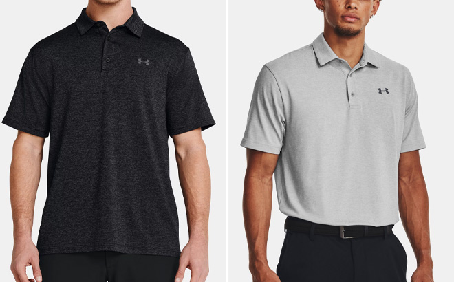 Two Under Armour Mens Playoff Heather Polo T shirt in Black and Gray