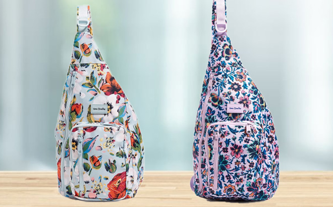 Two Vera Bradley Sling Backpacks on Desk