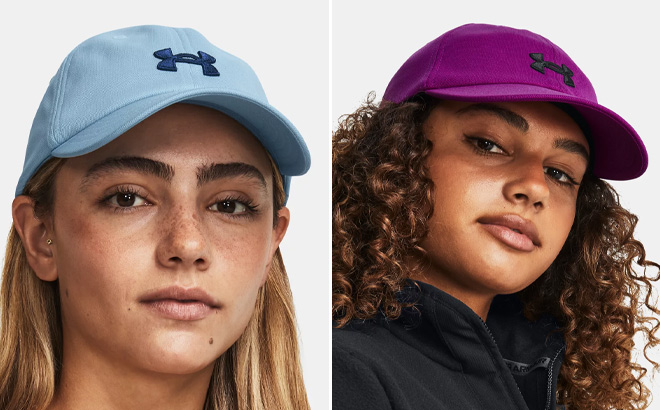 Two Women Wearing Under Armour Blitzing Adjustable Cap in Blue and Purple