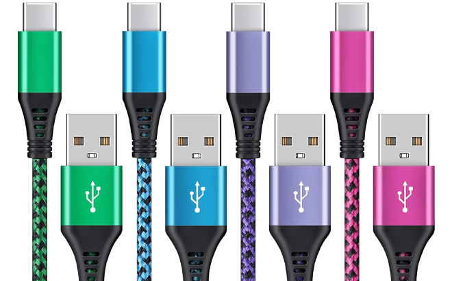 USB Type C to USB A Cable 3A Fast Charging Long Android USBC Phone Power Charger Braided Cord 4 Pack