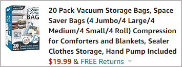 20 Pack Vacuum Storage Bags, Space Saver Bags (4 Jumbo/4 Large/4 Medium/4  Small/4 Roll) Compression for Comforters and Blankets, Sealer Clothes