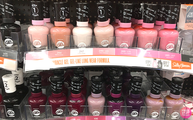 Variety of Sally Hansen Miracle Gel Nail Polishes on a Shelf