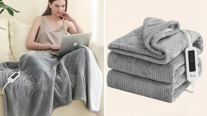 Woman Using a Heated Electric Blanket Throw in Light Grey