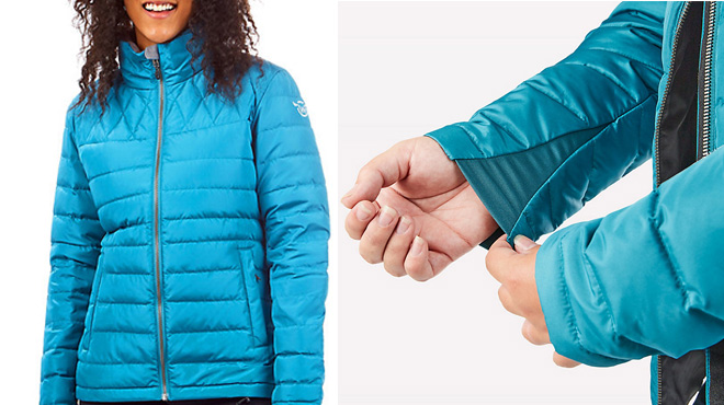 Woman Wearing Moosejaw Blue Down Insulator Jacket on a White Background