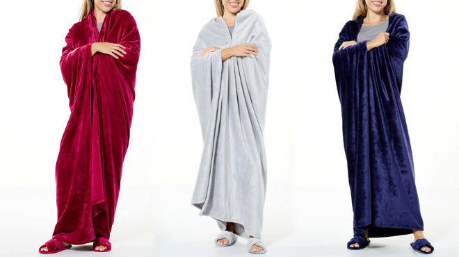 Woman Wearing Warm & Cozy Oversized Plush Throw & Slipper Sets