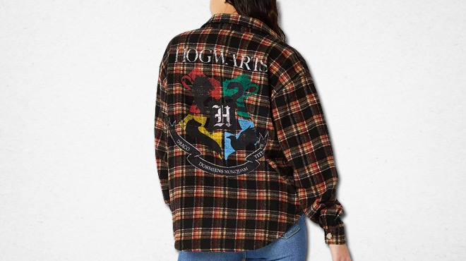 Woman Wearing a Harry Potter Plaid Womens Shacket Showing the Back Graphic Print