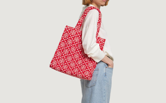 Woman is Wearing Tory Burch T Monogram Terry Tote Bag