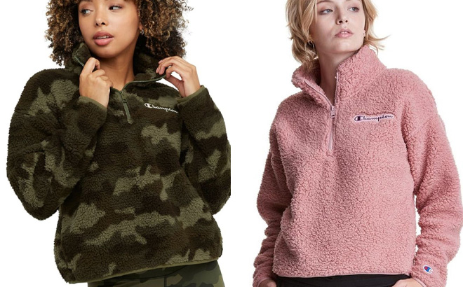 Women Wearing Champion Cozy Sherpa Sweatshirts in Green and Pink