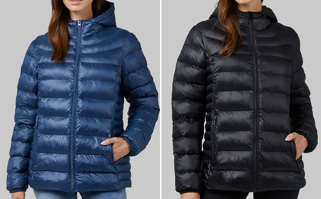 Women Wearing Shiny Poly Fill Hooded Jacket in Blue and Black